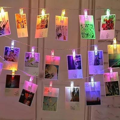 Immagine prodotto di Ghirlanda luminosa a LED con clip per foto, ghirlanda luminosa a LED colorata con clip, ghirlanda luminosa per foto, luce per foto, per appendere foto e immagini, alimentata a batterie, ideale per feste di compleanno, decorazioni di Halloween, USB, otto modalità + telecomando