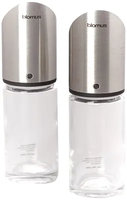 Image de Service à sel et poivre Blomus Livo, comprenant un pot à sel et un pot à poivre, en verre, en acier inoxydable et en plastique, transparent, de 11,5 cm, référence 63581