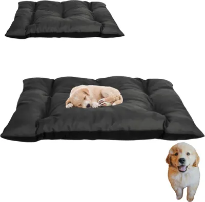 A dog bed with a puppy sleeping on it, and a separate image of a puppy.