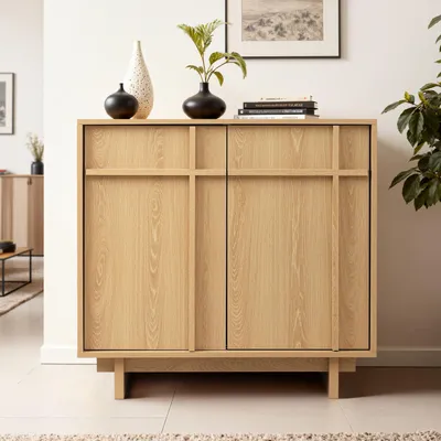 Produktbild von Sideboard mit 2 Türen, Aufbewahrungsschrank in Eichenoptik mit geometrischer Holzleisten-Front| B80 x T40 x H77 cm