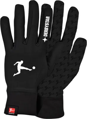 A pair of black gloves with white graphics and branding.