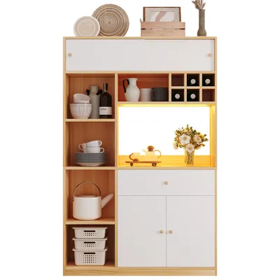 Produktbild von Merax Küchenschrank Küchenbuffet, mit LED Schublade, 3 Türen, Regale, Hochschrank, Buffetschrank, für Esszimmer KücheWeiß+Natural