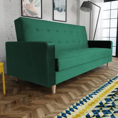 Produktbild von Schlafsofa im skandinavisches Stil Bamako Polstersofa mit Holzbeine Sofa mit Schlaffunktion Bettkasten Couch aus Velour, Farbe: Flasches grün, Kronos 19
