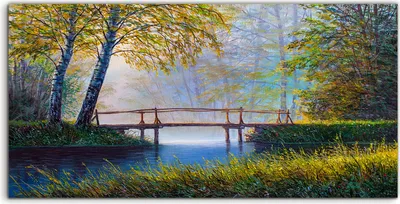 Produktbild von Coloray Glasbild 140x70  Wandbild Glasbilder Brücke über den See Malerei Landschaft