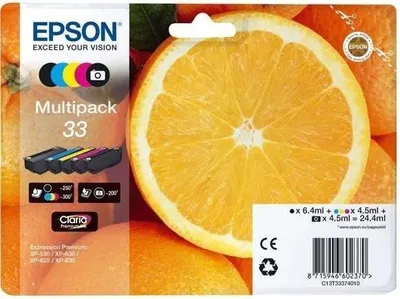 Produktbild von Druckerpatrone, EPSON 33 Claria C13T33374011, Cyan, Magenta, Gelb, Schwarz, Fotoschwarz, 5er Pack, 24,4 ml