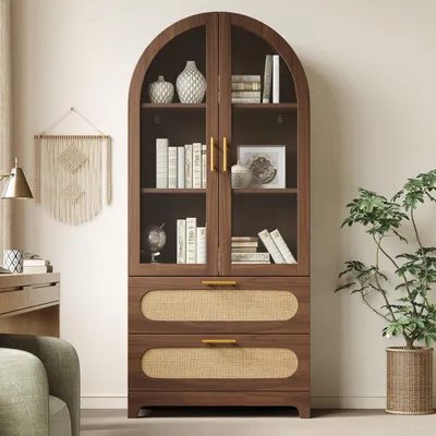 Produktbild von okwish Aufbewahrungsschrank mit 2 Schubladen und verstellbaren Böden, Retro-Design,Bücherregal mit Glastüren,Viel Stauraum,Nussbaum