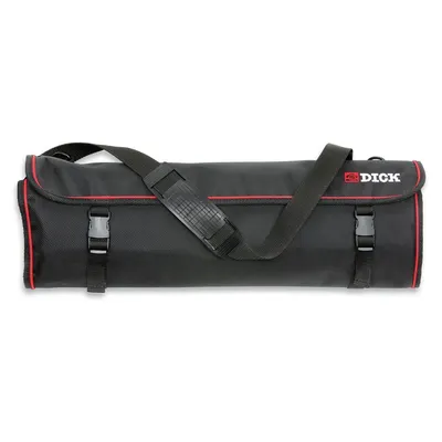 A black knife roll bag with red trim and a shoulder strap, laid flat against a white background.