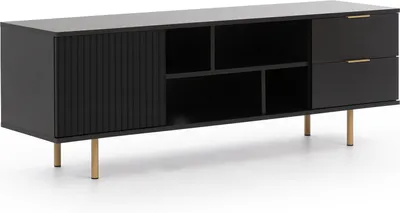 A black TV stand with gold legs is shown against a white background.