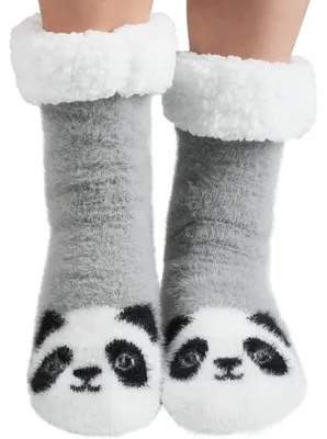 Produktbild von Kuschelsocken Damen 39-42 Winter Thermo Hüttensocken mit Panda-Muster und Anti-Rutsch-Noppen