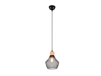 A black pendant light with a wooden accent, suspended against a white background.
