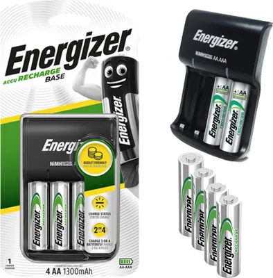 A collage of Energizer battery chargers and batteries.