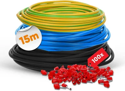 Obrázek produktu pro Sada propojovacích vodičů Lapp H07V-K 10 mm² I 3 x 5 metrů jednožilové (černý, modrý, zeleno-žlutý) + 100 koncovek červených I Sada propojovacích vodičů 10 mm² pro rozvaděč elektroměrů