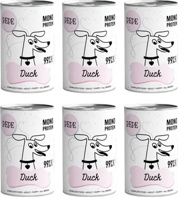 A collage of six cans of dog food, each featuring a cartoon dog illustration and the brand name 'PEPE'.