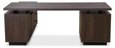 Image de Bureau rectangulaire marron avec tiroirs. Table en bois de style moderne