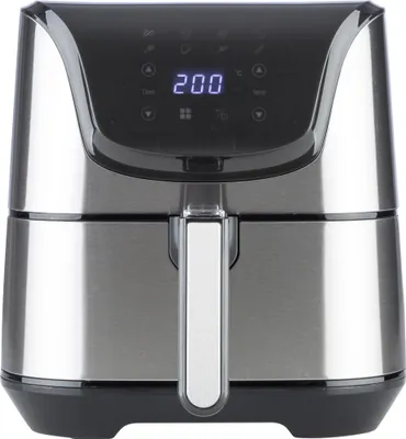 A front view of a silver and black air fryer with a digital display.
