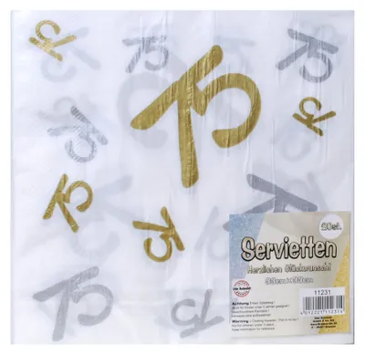 Produktbild von 20 Servietten Geburtstag Jubiläum 75 weiß gold silber