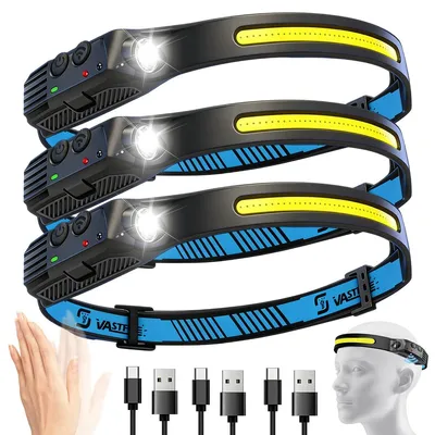 Image de Lampes frontales LED - Lot de 3, avec 1 LED COB par lampe - Rechargeables par USB - 1000 mAh - 10 W - Idéales pour le camping et le travail