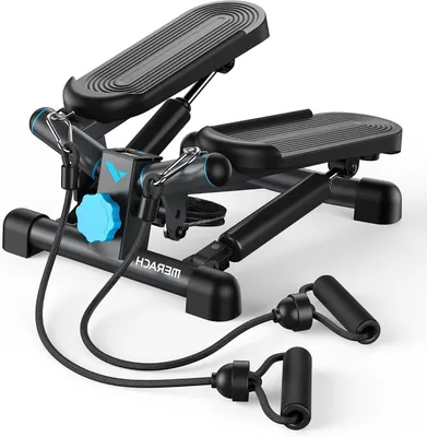 Obrázek produktu pro Mini stepper – fitness zařízení – cvičte doma – s posilovacími lanami – nosnost 150 kg – modrá a černá barva