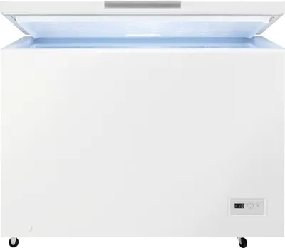 A white chest freezer with its lid open, showing the interior lit with blue light. The freezer has a digital display on the front right.