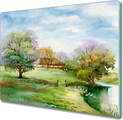 Produktbild von Coloray Herdabdeckplatte 60x52 cm Schneidebrett Kochplattenabdeckung Küchenbrett Hackbrett - Das Dorf Baum Himmel