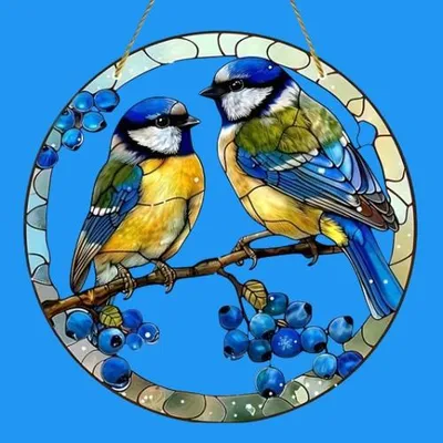 Produktbild von GKA XL Sonnenfänger 2 Blaumeisen 20 cm Buntglas Lichtfänger Fensterbild Fenster Fensterschmuck Fensterdeko Blaumeise Meise Vogel