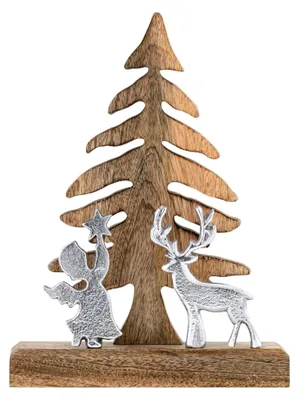 Produktbild von Holzfigur Weihnachtsbaum mit Hirsch und Engel 20x27cm Weihnachtsdeko aus Mangoholz und Aluminium