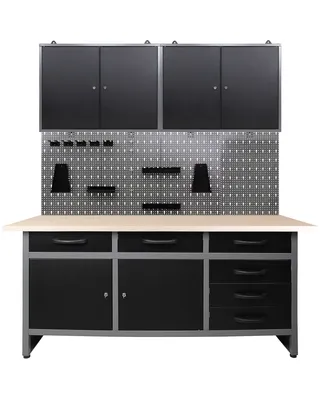Produktbild von Ondis24 Metall Werkstatt Set 160 cm "Karsten" Werkbank  +  Schrank Arbeitshöhe 85 cm abschließbar höhenverstellbare Füße Arbeitsplatte Holz Werkstatteinrichtung Packtisch Werktisch Werkstatttisch Montagewerkbank Hängeschrank Werkzeugschrank Werkstattschrank Werkzeugwand Werkstattwand Werkzeughalter Lochblech Lochwand