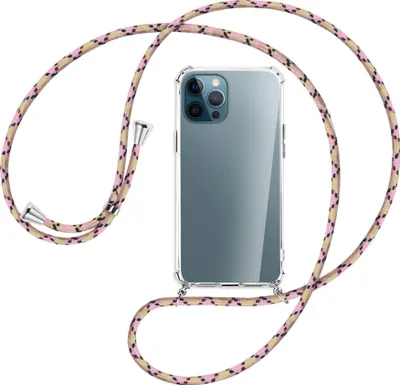 Produktbild von Handykette Backcover-Schutzhülle mit Band (Metall silberfarben) für Apple iPhone 12 Pro Max - rosa Karo
