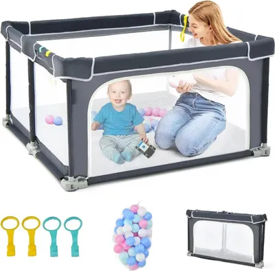 Produktbild von Baby Laufstall - Spielgitter - 124 x 124 cm - Faltbar - 50 Bälle - 4 Griffe - Verriegelungsfunktion - Netzwände mit Tür - Grau