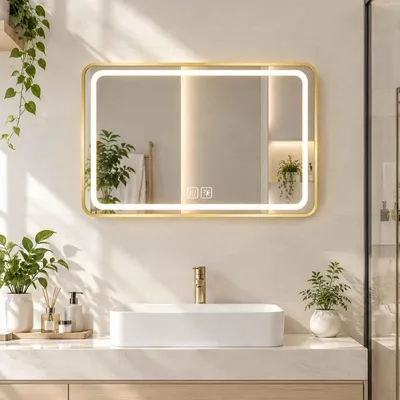 Produktbild von Zimilo LED Badspiegel 100x70 cm mit Beleuchtung & Goldrahmen: Touch-Schalter, 3 Lichtfarben, Intelligente Anti-Beschlag-Funktion & Splitterschutzglas