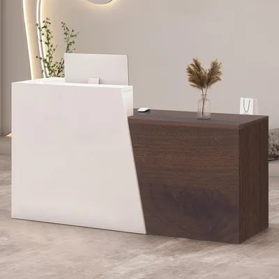Zdjęcie produktu dla Lada recepcyjna z szufladą i półkami, wymiary: 130x42x100 cm, kolor: biały + ciemnobrązowy