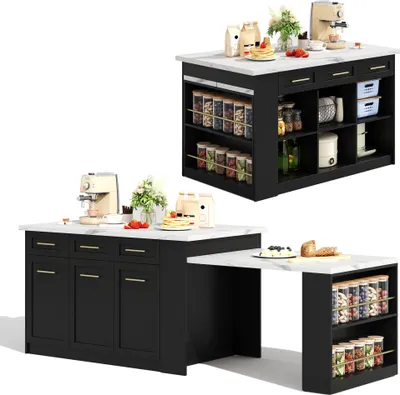 Produktbild von Fortuna Lai Multifunktionale Kücheninsel mit 150cm+96cm, schwarzen ausziehbarer Esstisch, Weißes marmorierte Holzarbeitsplatte/Tisch, integrierte Stauschränke, ideal für Familienküchen, Potluck Dinners