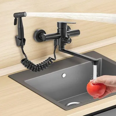 Immagine prodotto di Rubinetto da parete per cucina con doccetta e bocca girevole a 360° - Rubinetto da parete in acciaio