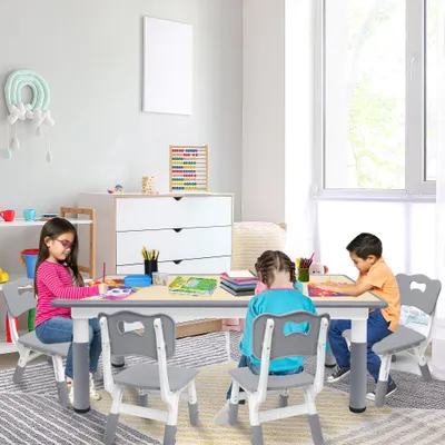 Produktbild von XMTECH Kindertisch mit 4 Stühlen Kindersitzgruppe Kindermöbelset Höhenverstellbar Kindertischgruppe Tisch und Stuhlset für Kindergarten und Kinderzimmer, Grau