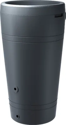 A dark gray rain barrel is shown against a white background.