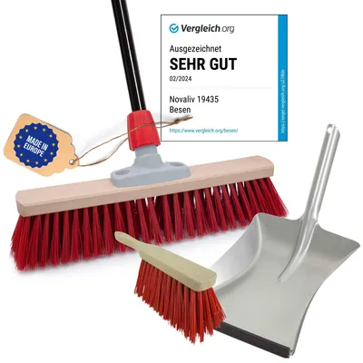 Produktbild von Novaliv Straßenbesen mit Stiel 40 cm Elaston Borsten inkl. Kehrgarnitur verzinkt bestehend aus Kehrblech und Handfeger Ideal als Gartenbesen Terassenbesen Hofbesen Stallbesen Kehrbesen Outdoor broom