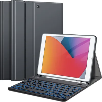Produktbild von Fintie Hülle mit Tastatur für iPad 9. / 8. / 7. Generation (10.2 Zoll, 2021/2020/2019), Beleuchtete Magnetisch Abnehmbarer Tastatur mit Schutzhülle, Deutsches QWERTZ-Layout, Himmelgrau
