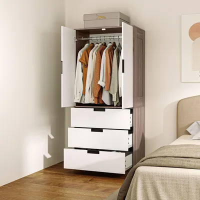 Produktbild von Kleiderschrank - Garderobenschrank - Nachttisch - Aufbewahrungsschrank - Kommode - 80x50x180 cm - Mit 3 Schubladen und Kleiderstange