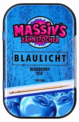 Produktbild von Massiv's Zahnstocher - Zahnstocher mit Geschmack – BLAULICHT Blueberry Ice – 100 aromatisierte Zahnstocher – frischer Atem – stylische Metalldose – vegan, zuckerfrei, kalorienfrei