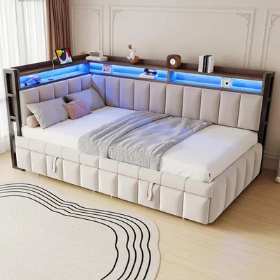 Produktbild von okwish Jugendbett 90x200 Schlafsofa ohne Matratze,Bettgestell mit Ausziehbett und  LED-Beleuchtung,Kinderbett Daybett mit mit USB- und Typ-C-Anschlüssen,Beige