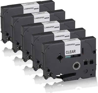 Produktbild von Print-Klex 5x Schriftband kompatibel kompatibel mit Bother TZ131 TZE-131 P-Touch 300 SP P-Touch 310 CC P-Touch 310CC P-Touch 340 C P-Touch 340C P-Touch 350 P-Touch 3600 P-Touch 540 C P-Touch 540C P-Touch 550 Ptouch 12mm x 8M C-B Black-Clear