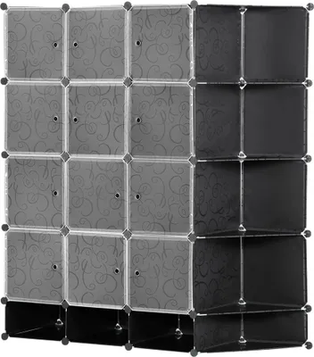 Obrázek produktu pro Modulární šatní skříň - Šatní skříň - 16 přihrádek - 2 tyče na šaty - 145x46x162 cm - PP a ocel - Černá/bílá