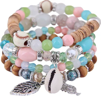 Produktbild von 4 Teile/satz Böhmischen Frauen Kauri Muschel Blatt Charme Candy Perlen Elastische Armband-Blau