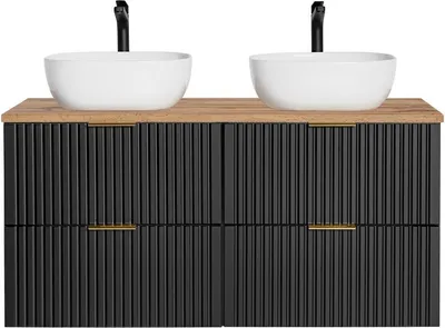 Obrázek produktu pro Koupelnová skříňka 120 cm černá matná s dubovou deskou a umyvadly