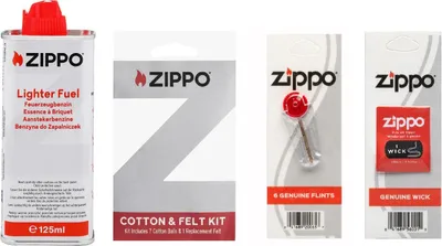 Produktbild von Zippo Original Sets Feuerzeugbenzin Feuersteine Flints Docht Wick Watte Filz 1 x Docht / Flints / Watte 6 x 125ml