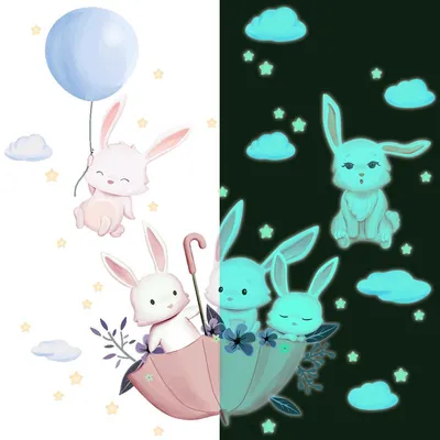 Produktbild von Leuchtsticker „Kaninchen im Himmel“ – Fluoreszierender Wand-/Deckensticker für Kinder – 175 x 110 cm