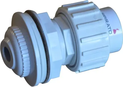 A white plastic plumbing fitting with a threaded connection on one end and a barbed fitting on the other, with two rubber gaskets in between.
