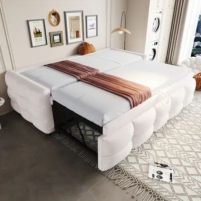 Image de Abrihome Lit rembourré Canapé-lit 90/180x190cm avec lit gigogne, lit double avec sommier à lattes, beige