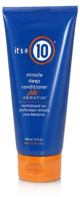 Image de C'est un produit "10 Miracle Deep Plus Keratin", format 148 ml, pour les cheveux abîmés, colorés ou secs. Il est hydratant, revitalisant et contient de l'aloès vera. Le pack contient 1 produit