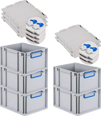 Produktbild von SuperSparSet 5x Eurobox NextGen Color mit Scharnierdeckel und Schiebeschnappverschlüssen | HxBxT 22x30x40cm | 20 Liter | Grau | Griffe blau geschlossen | Glatter Boden | Eurobehälter, Transportbox, Transportbehälter, Stapelbehälter